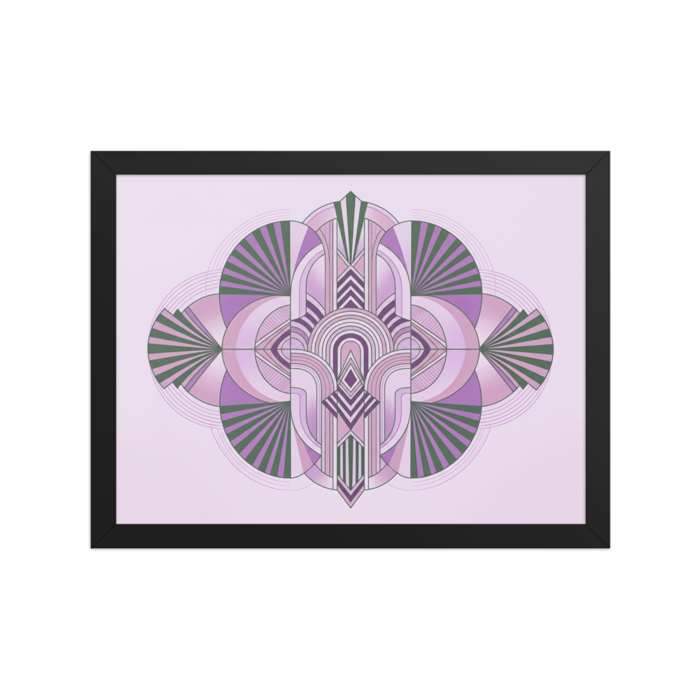 'Lavender Deco Symmetry' — a Art Deco print. A symmetrical pastel Art Deco design featuring stylized geometric fan and fountain shapes in purple and green, ideal for a serene bedroom.
