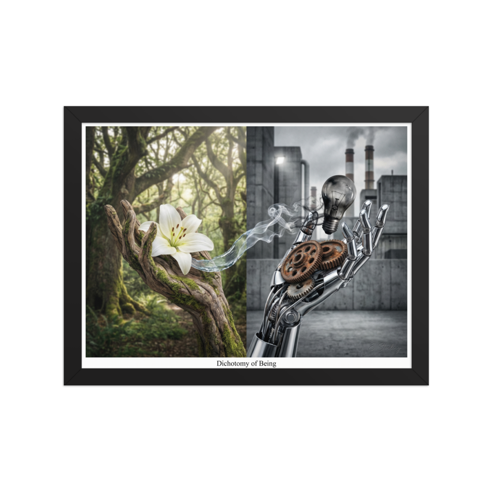 'Dichotomy of Being' — a Surrealism print. A split composition showing a wooden hand holding a white lily on one side and a robotic hand holding a lightbulb on the other, perfect for an office.