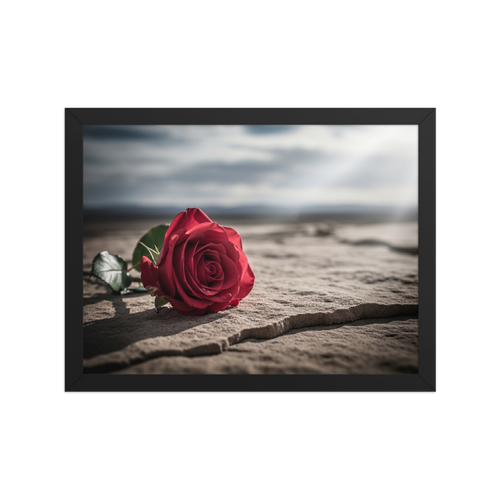 'Red Rose on Stone' — a Art photography print. Close-up photograph of a vivid red rose lying on textured stone against a soft, moody landscape, perfect for a romantic bedroom or living room.