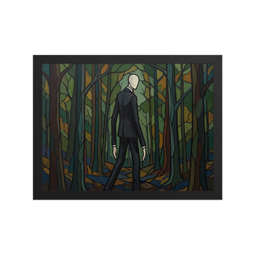 'The Faceless Figure' — a Cloisonnism,Pop art print. A Cloisonnism style painting of a tall faceless man in a suit standing in a dark forest, reminiscent of Slender Man.