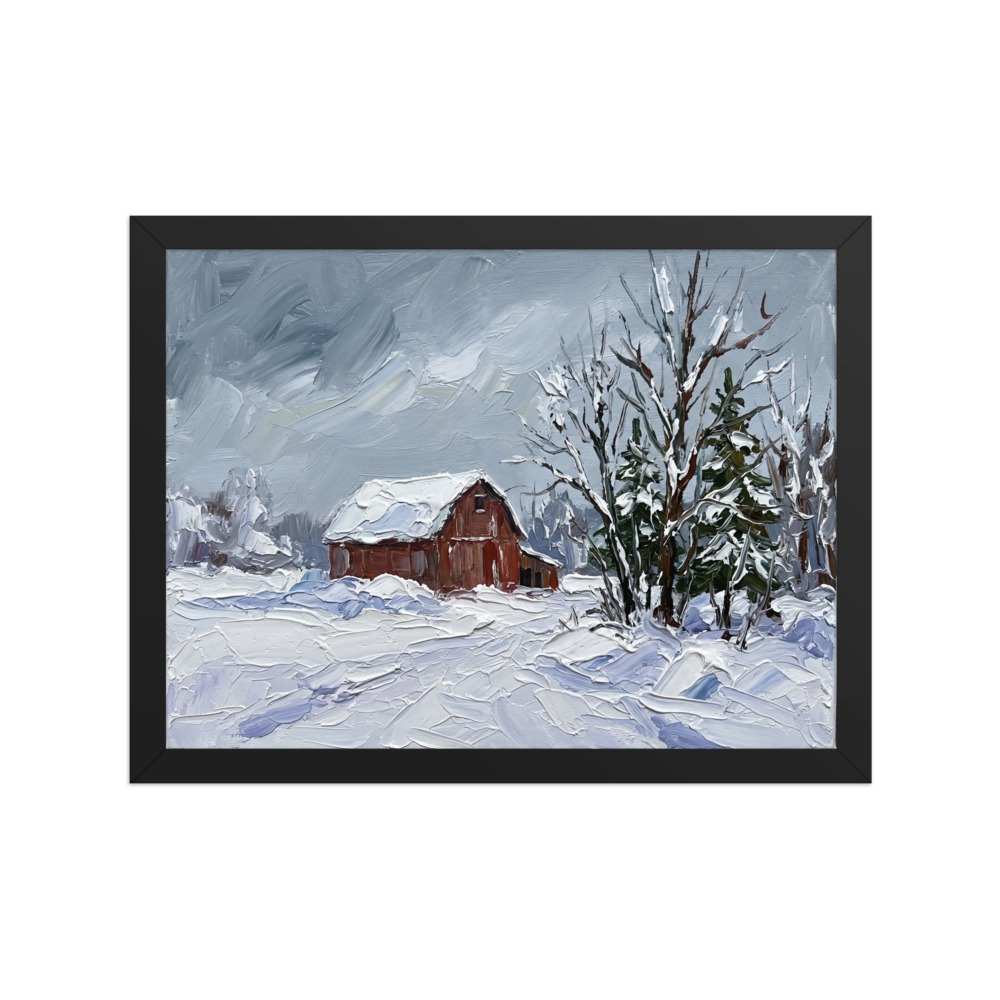 'Winter at the Red Barn' — a Impressionism print. A thick impasto painting of a quiet winter landscape featuring a snowy field, a rustic red barn, and snow-laden evergreen trees under a grey sky, perfect for a living room.