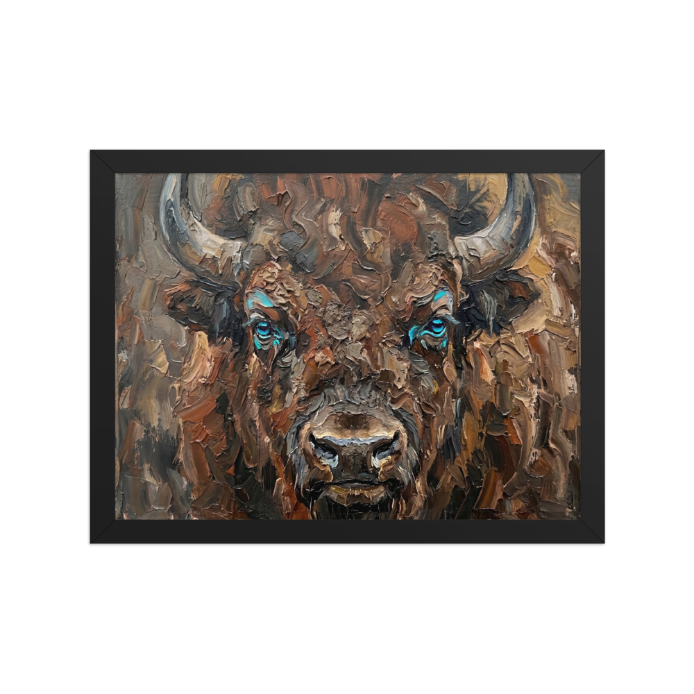 'Gaze of the Plains' — a Realism print. An impasto portrait of a brown bison with bright blue eyes, adding rustic strength to a Man Cave.