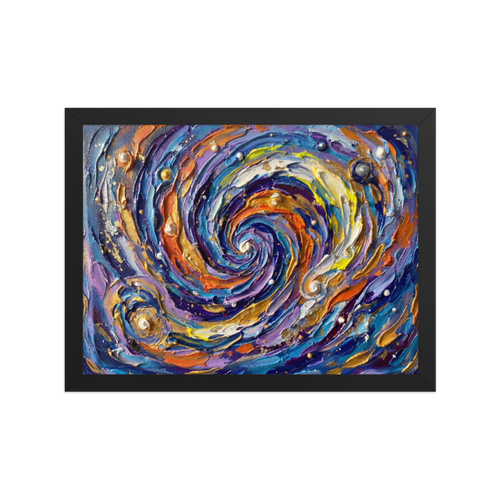 'Cosmic Swirl' — a Abstract expressionism print. A textured and swirling galaxy of blues, purples, and golds, creating an awe-inspiring focal point for a living room.