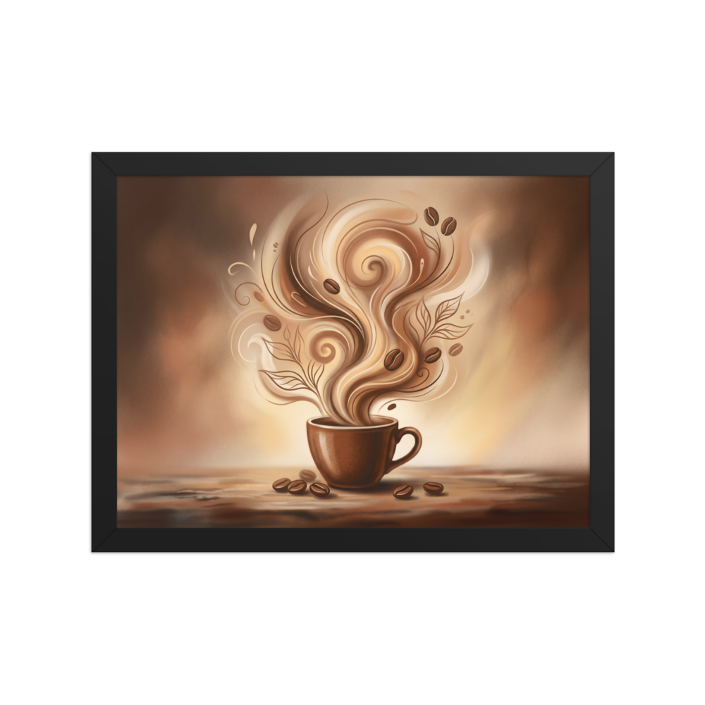 'Morning Swirl' — a Modernism print. A warm, stylized illustration of a coffee cup with swirling steam and beans, adding a cozy vibe to a Kitchen.