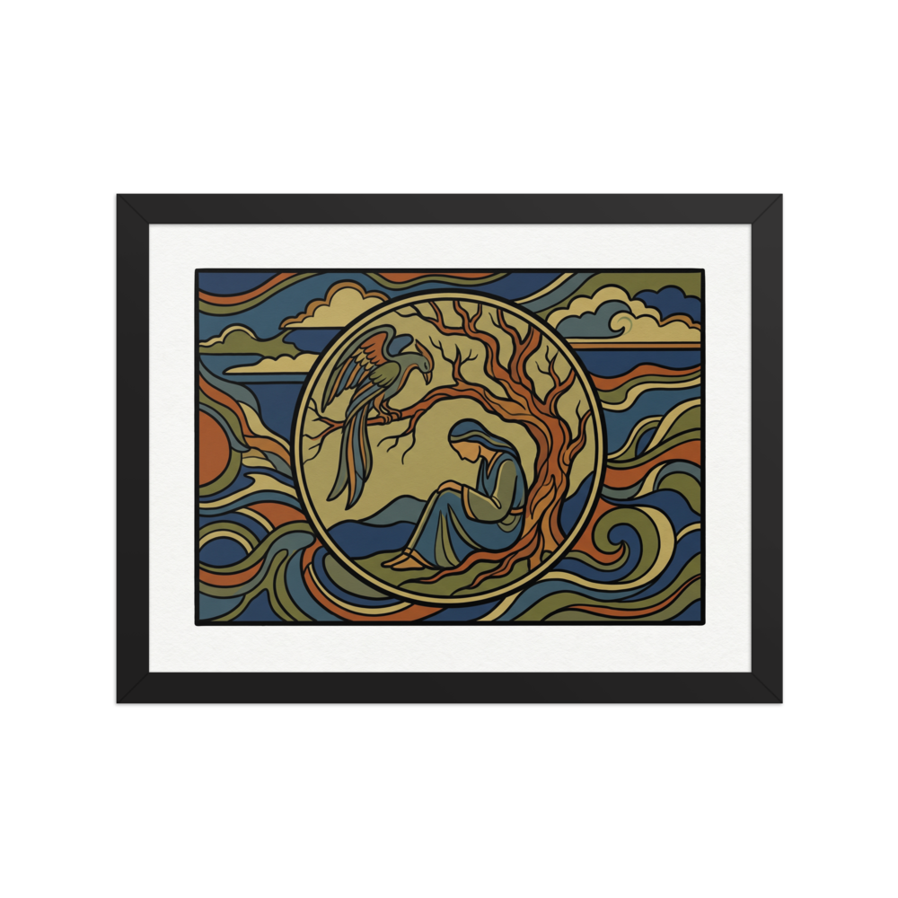 'Mythic Solitude' — a Cloisonnism,Symbolism print. A Cloisonnism style illustration of a woman sitting under a tree with a large bird perched above her, surrounded by wavy stained-glass patterns. Ideal for a library.