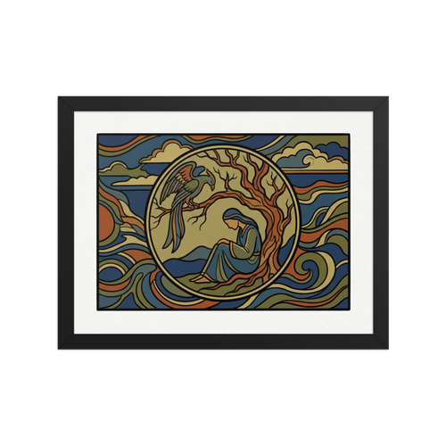 'Mythic Solitude' — a Cloisonnism,Symbolism print. A Cloisonnism style illustration of a woman sitting under a tree with a large bird perched above her, surrounded by wavy stained-glass patterns. Ideal for a library.