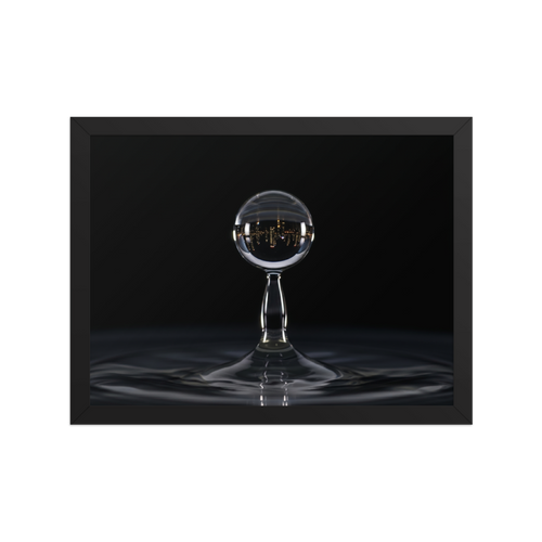 'City in a Drop' — a Surrealism print. A macro view of a water droplet splashing, containing an inverted reflection of a glowing city skyline at night.