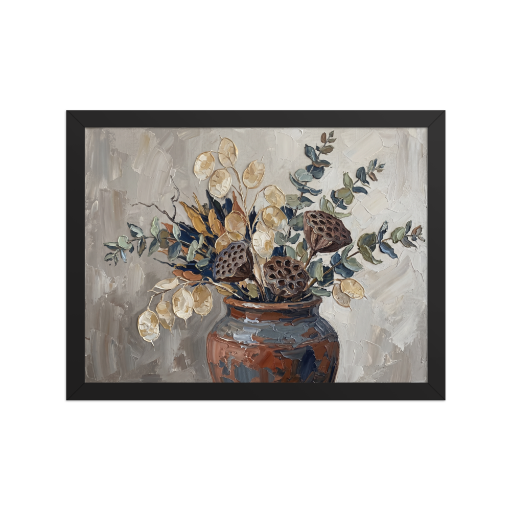 'Earthy Blooms in Clay' — a Expressionism print. An impasto painting of dried botanicals in a brown clay vase, perfect for adding earthy texture to a Living Room.