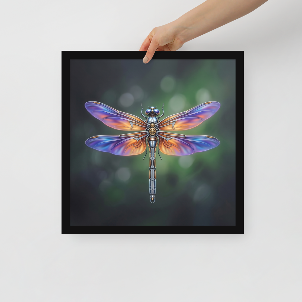 'Gears of the Dragonfly' — a Surrealism print. A highly detailed mechanical dragonfly with glowing purple and orange wings and brass gears on its back, set against a dark green background, perfect for a Living Room.