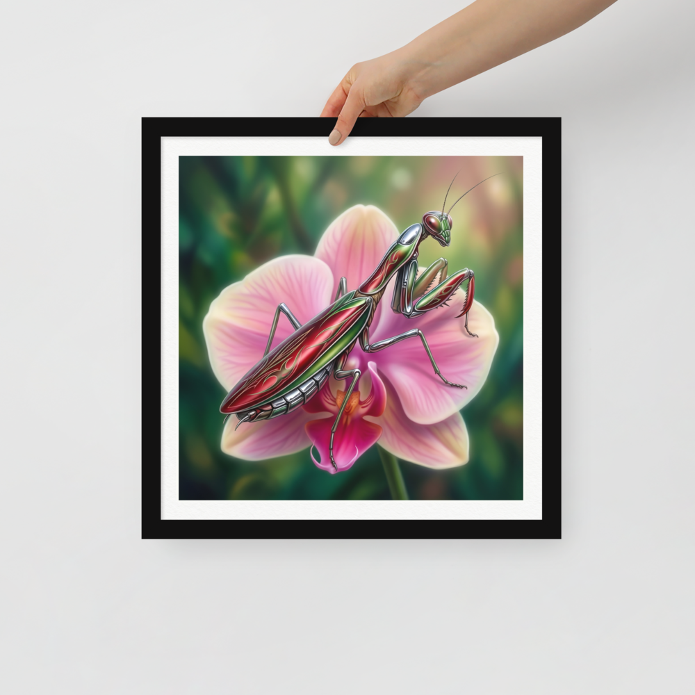 'Chrome Mantis' — a Surrealism print. A vibrant illustration of a metallic praying mantis painted like a hot rod in cherry red and chrome sitting on a pink orchid, perfect for a studio.