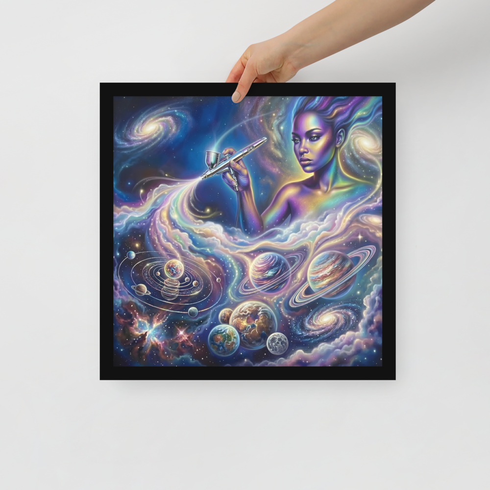 'The Cosmic Painter' — a Space art print. A glowing, ethereal woman painting planets and galaxies into a vibrant cosmic sky using an airbrush, a stunning focal point for a Bedroom.