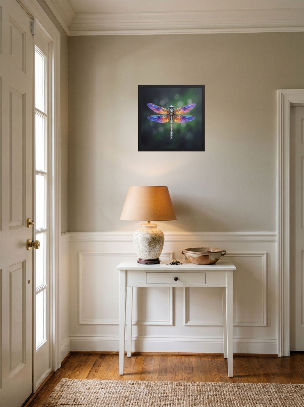 A 16x16 inch black framed Surrealism print of 'Gears of the Dragonfly' hanging in an entryway near a console.