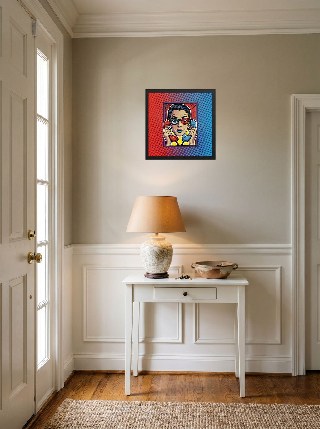 A 16x16 inch black framed Pop art print of 'Bipartisan Static' hanging in an entryway near a console.