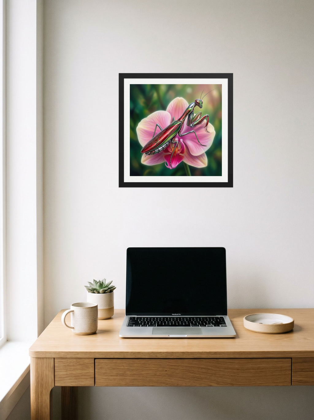 A 16x16 inch black framed Surrealism print of 'Chrome Mantis' hanging above a worktable with a laptop.