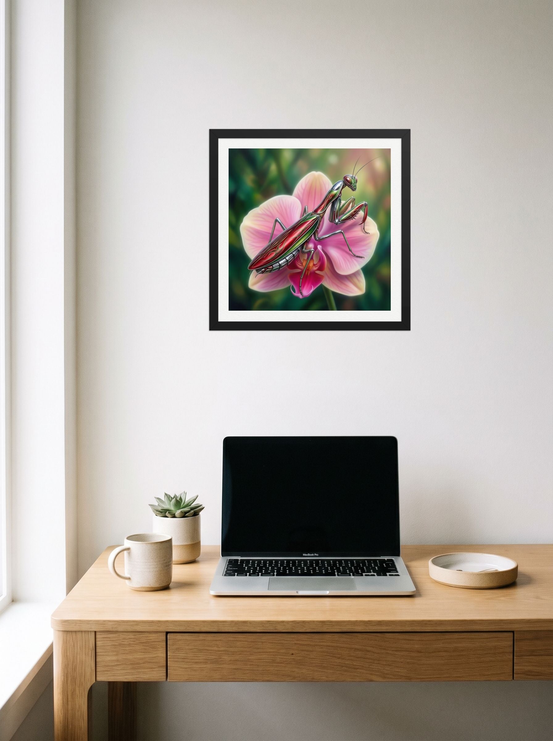 A 16x16 inch black framed Surrealism print of 'Chrome Mantis' hanging above a worktable with a laptop.