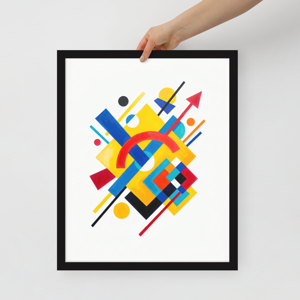 'Directional Energy' — a Suprematism print. A vivid abstract painting featuring overlapping geometric shapes like rectangles, circles, and an arrow in primary colors, a bold addition to a Living Room.