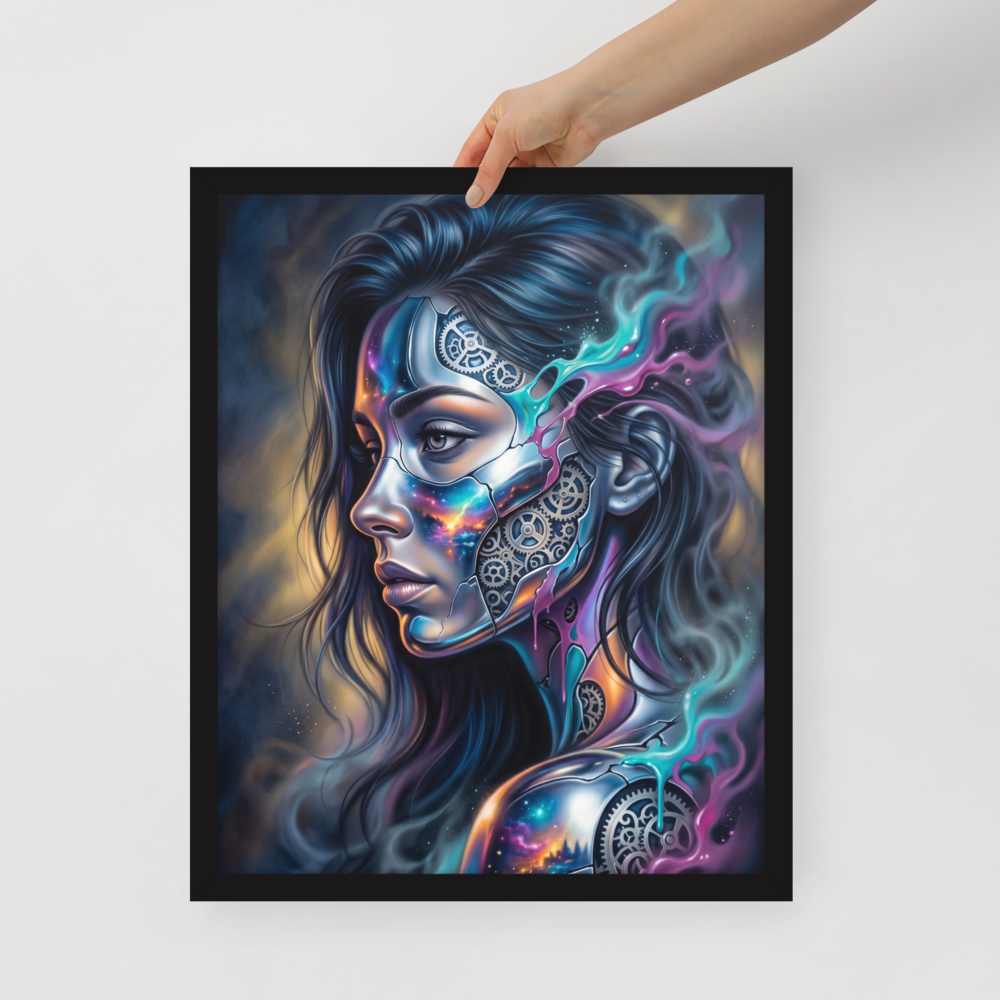 'Cosmic Clockwork' — a Surrealism print. A surreal cyberpunk portrait of a woman with gears and galaxies inside her face for a game room, framed by glowing teal and pink smoke.