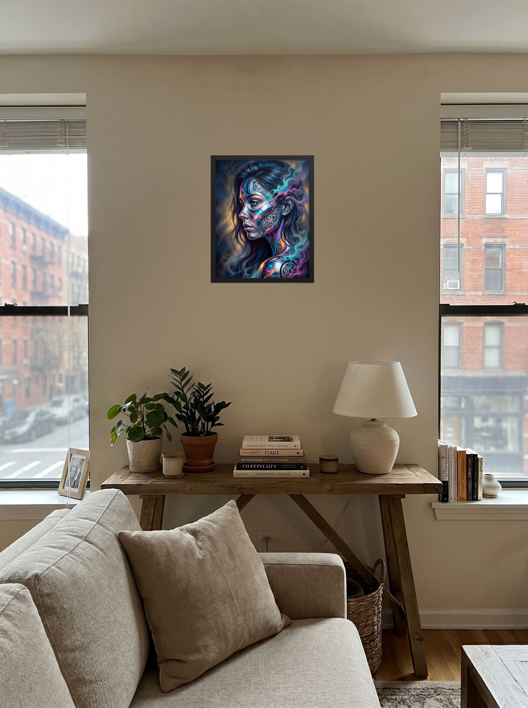 A 16x20 inch black framed Surrealism print of 'Cosmic Clockwork' displayed in the center of a living room.
