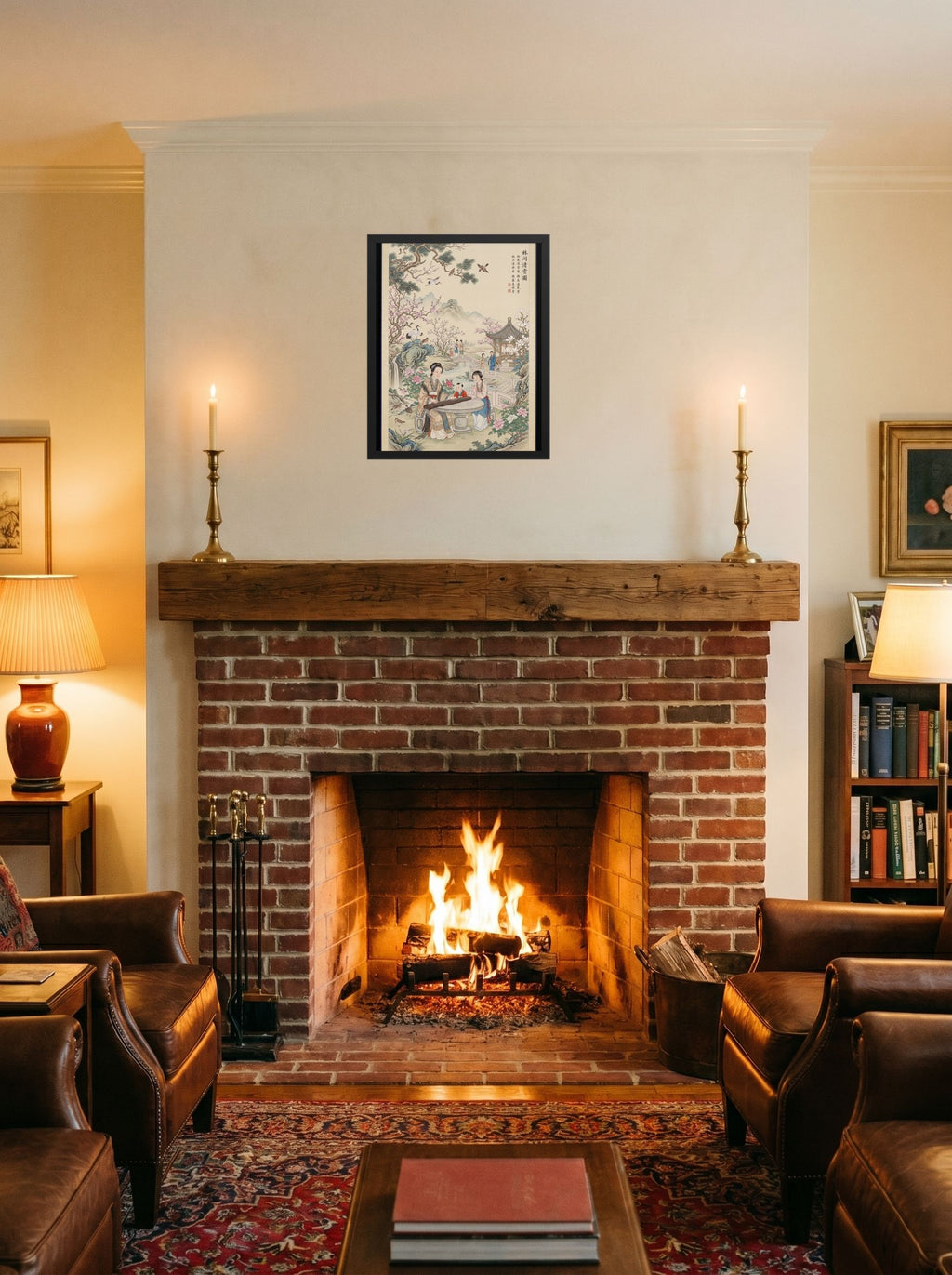 A 16x20 inch black framed Fine Art print of 'Melody in the Spring Garden' displayed above a fireplace.