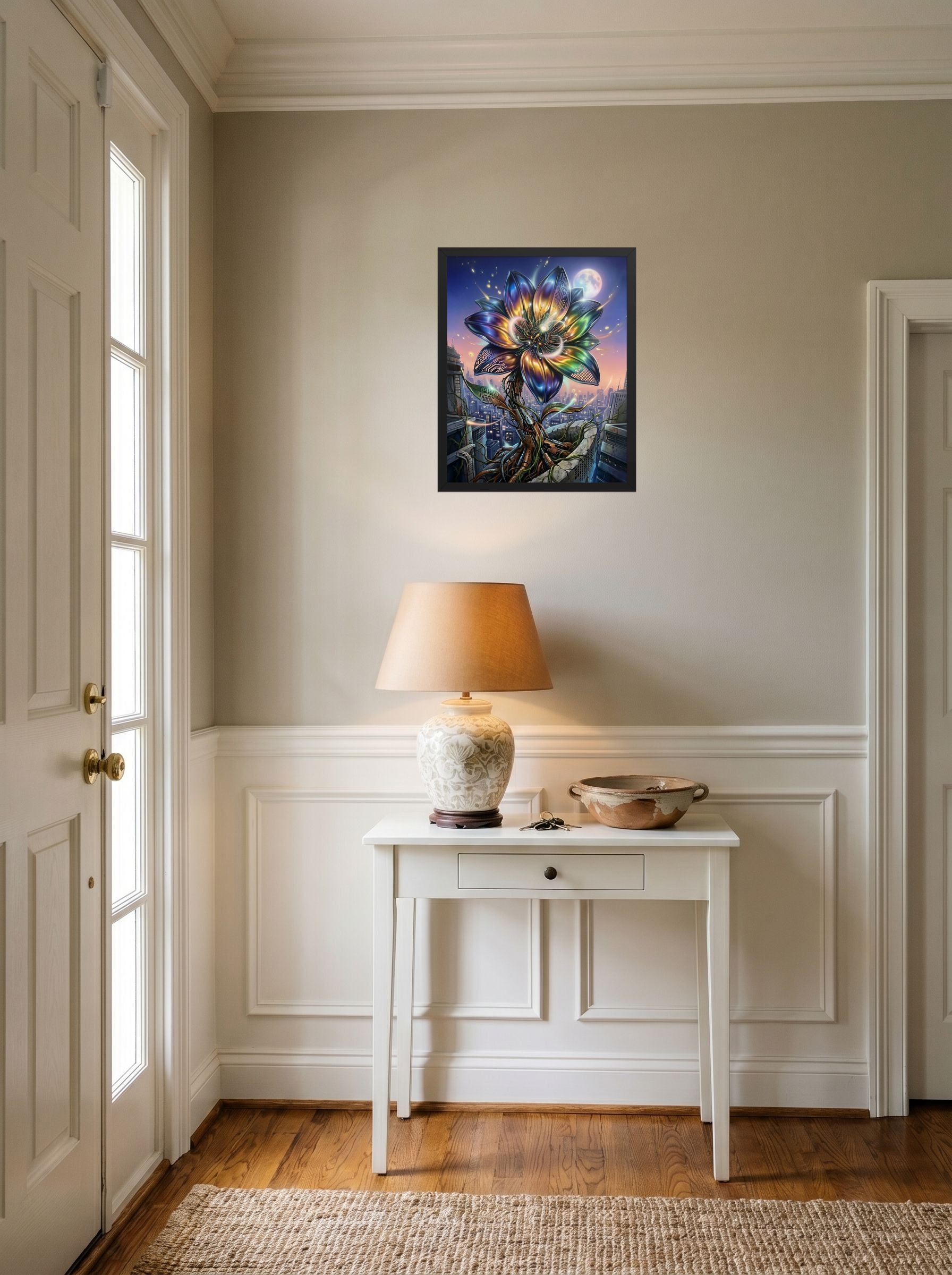 A 16x20 inch black framed Digital art print of 'Cybernetic Bloom' hanging in an entryway near a console.