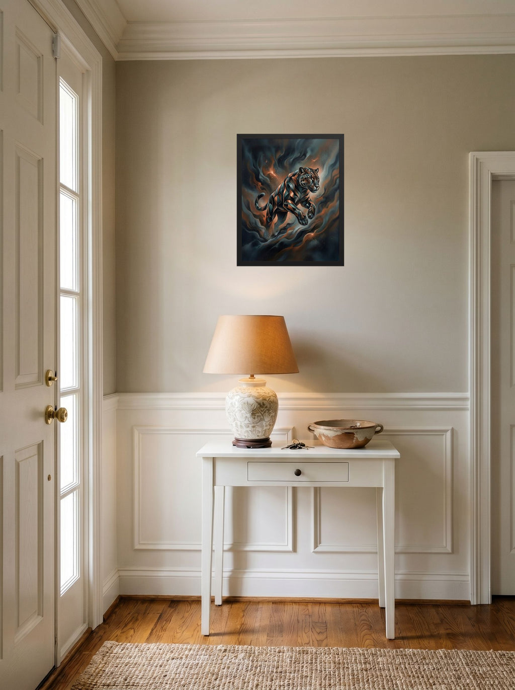 A 16x20 inch black framed Digital art print of 'Phantom Leap' hanging in an entryway near a console.