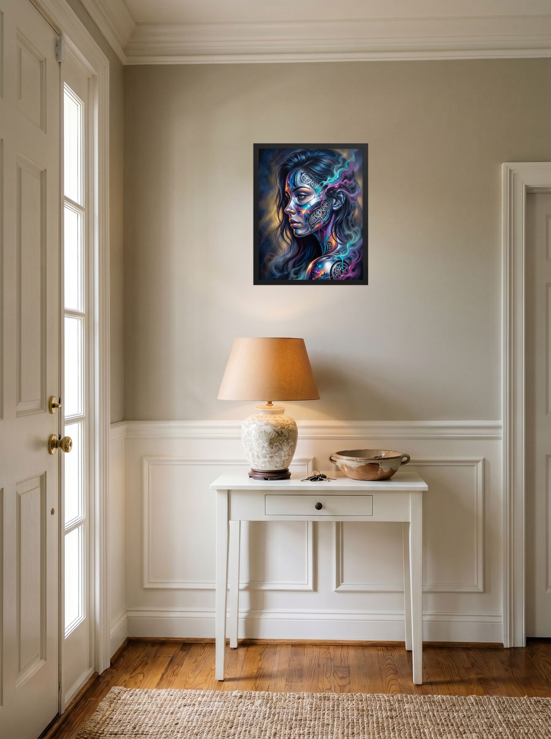 A 16x20 inch black framed Surrealism print of 'Cosmic Clockwork' hanging in an entryway near a console.
