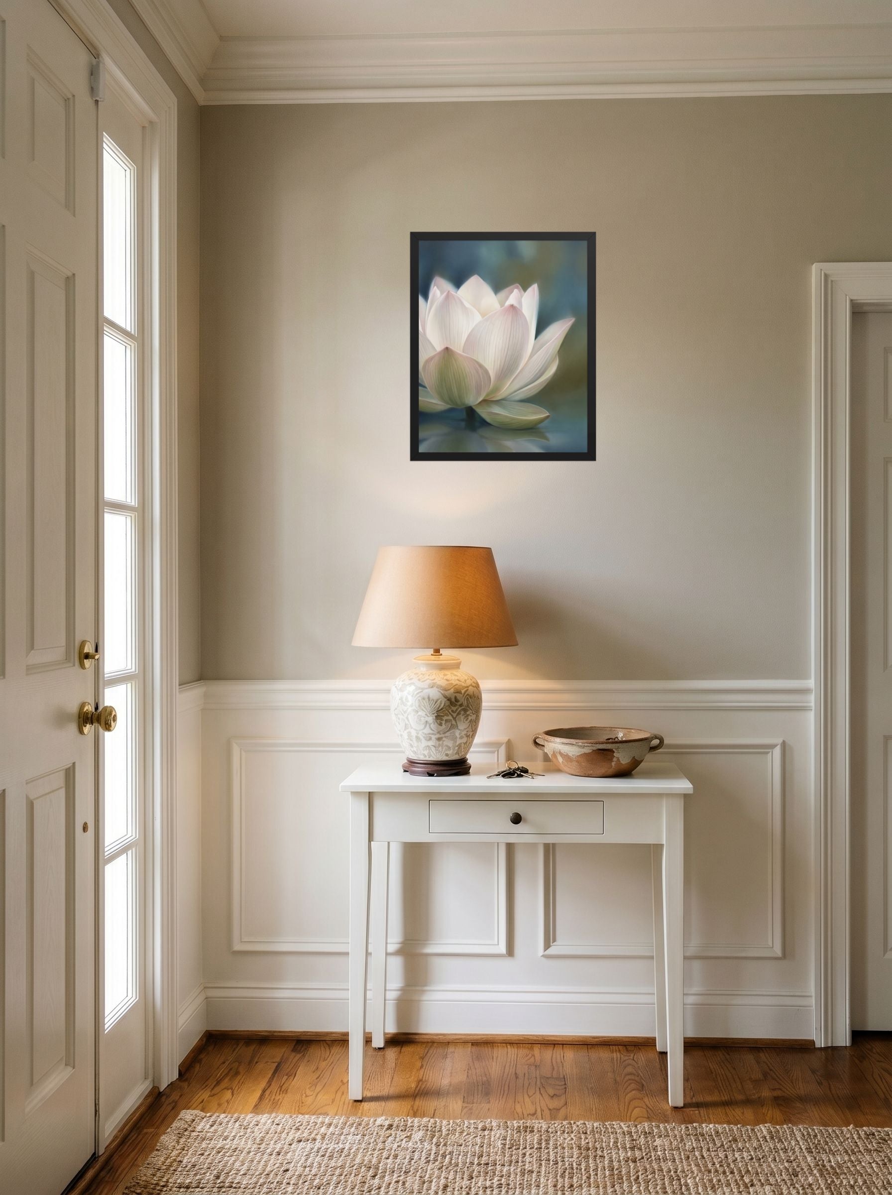 A 16x20 inch black framed Realism print of 'Serene Lotus Reflection' hanging in an entryway near a console.