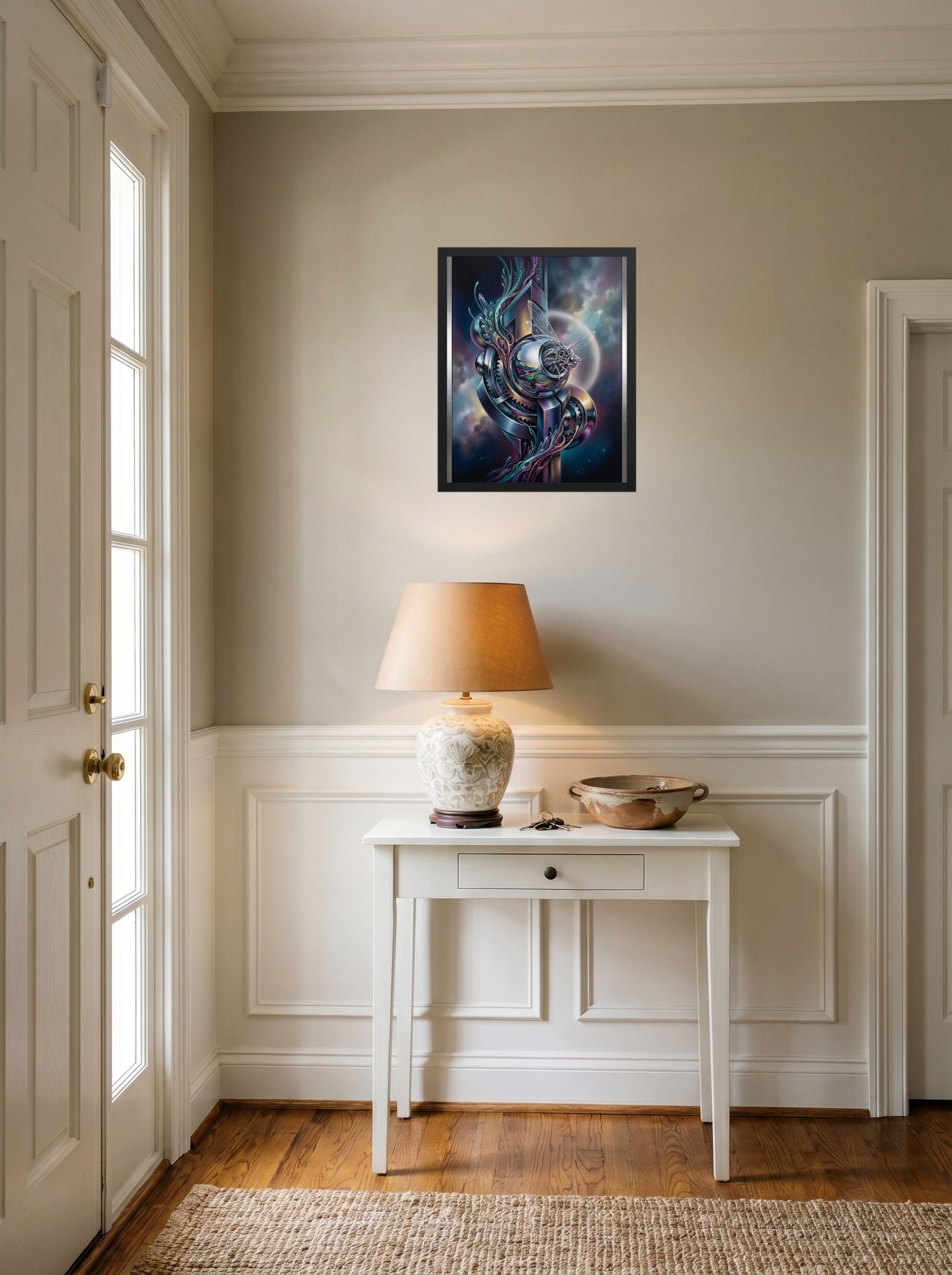 A 16x20 inch black framed Surrealism print of 'The Clockwork Aviator' hanging in an entryway near a console.
