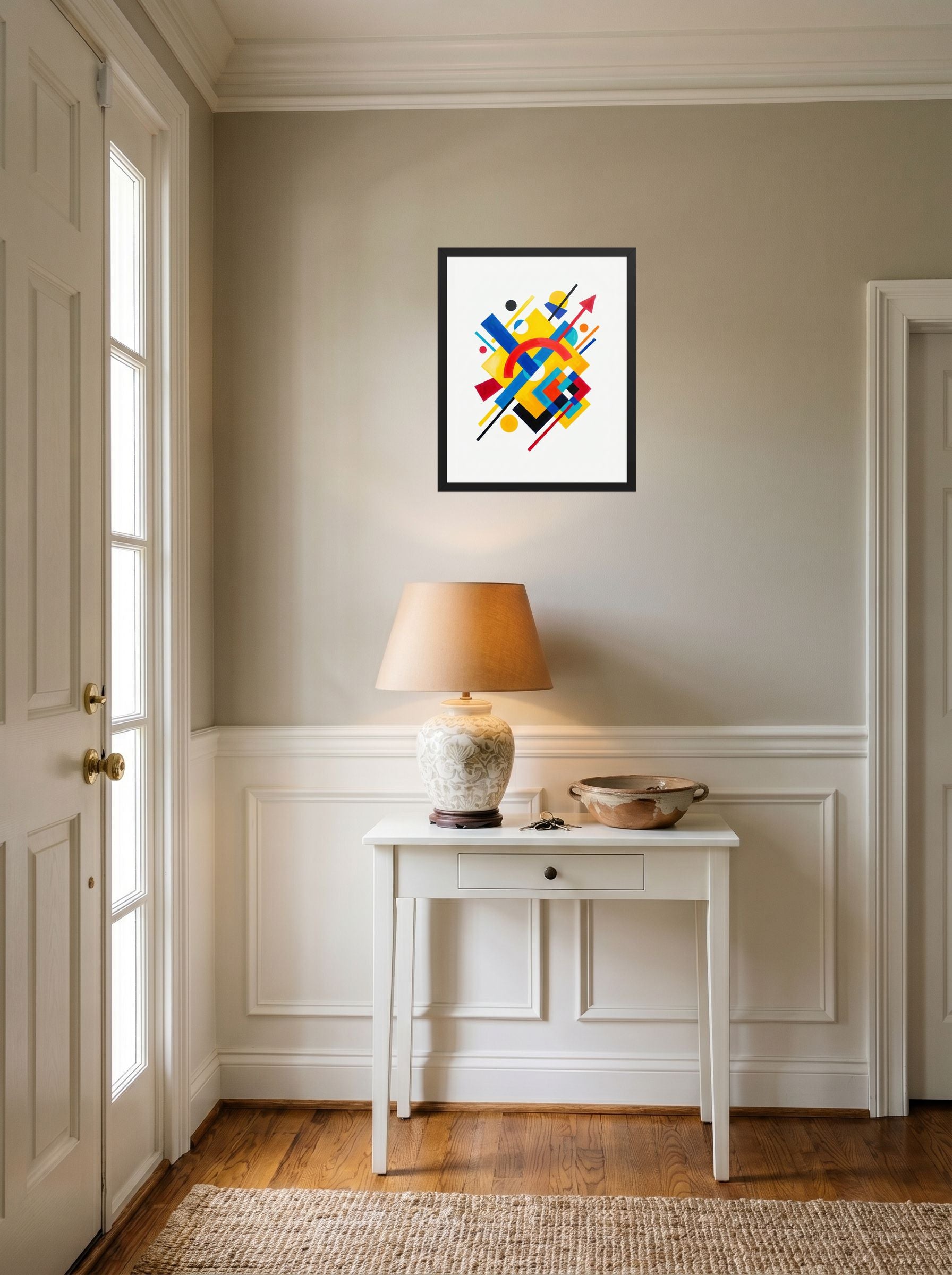 A 16x20 inch black framed Suprematism print of 'Directional Energy' hanging in an entryway near a console.