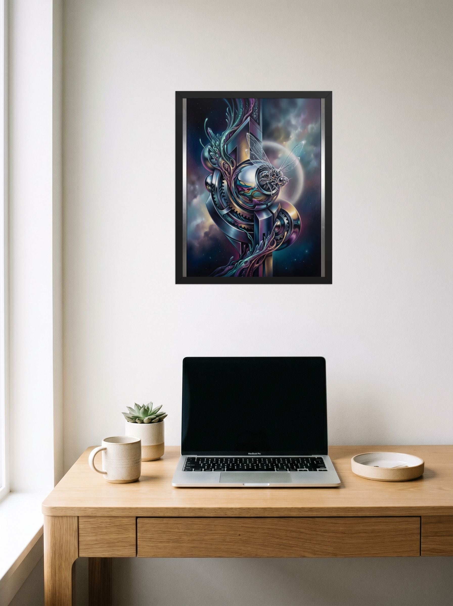 A 16x20 inch black framed Surrealism print of 'The Clockwork Aviator' hanging above a worktable with a laptop.