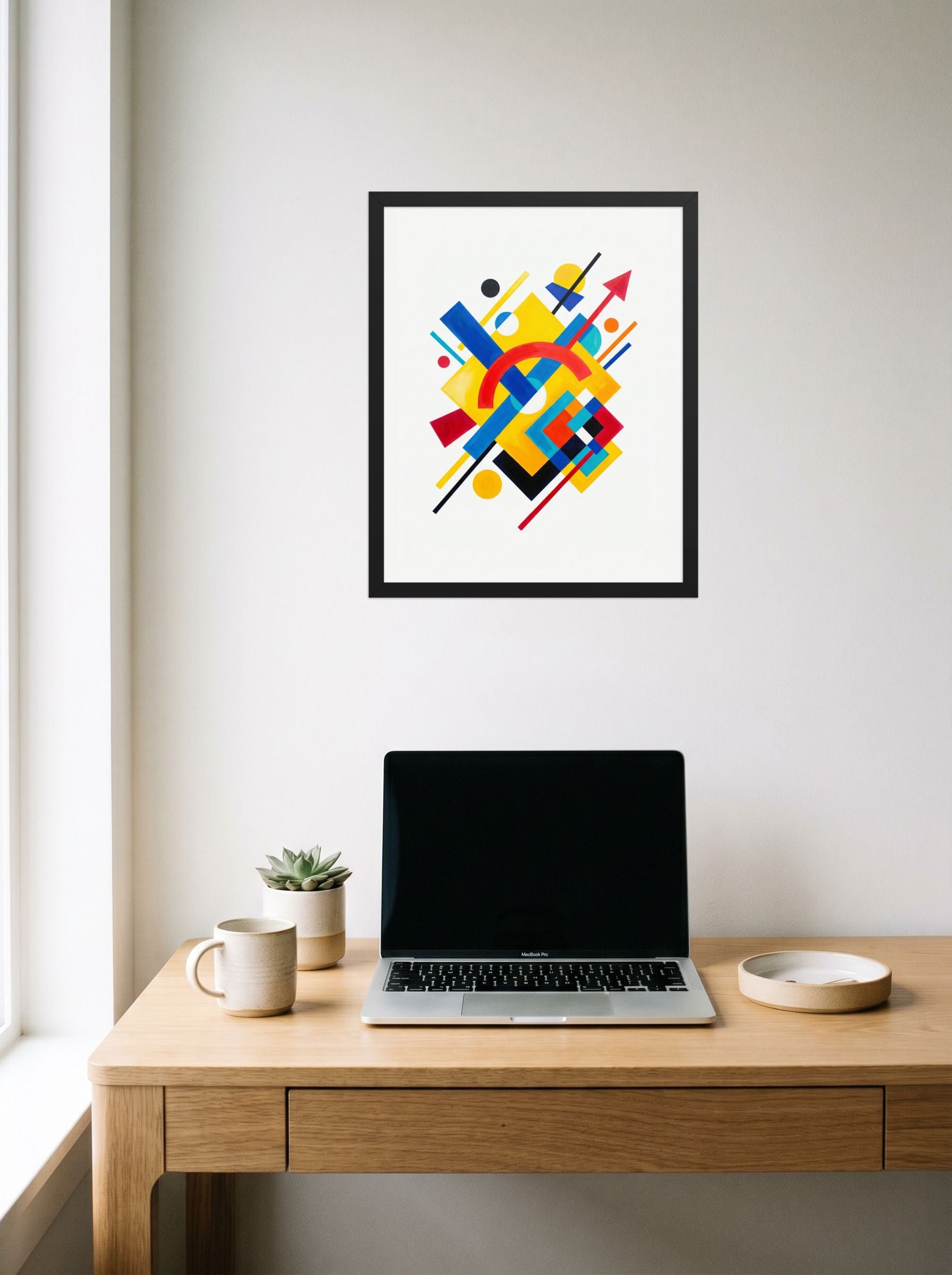 A 16x20 inch black framed Suprematism print of 'Directional Energy' hanging above a worktable with a laptop.