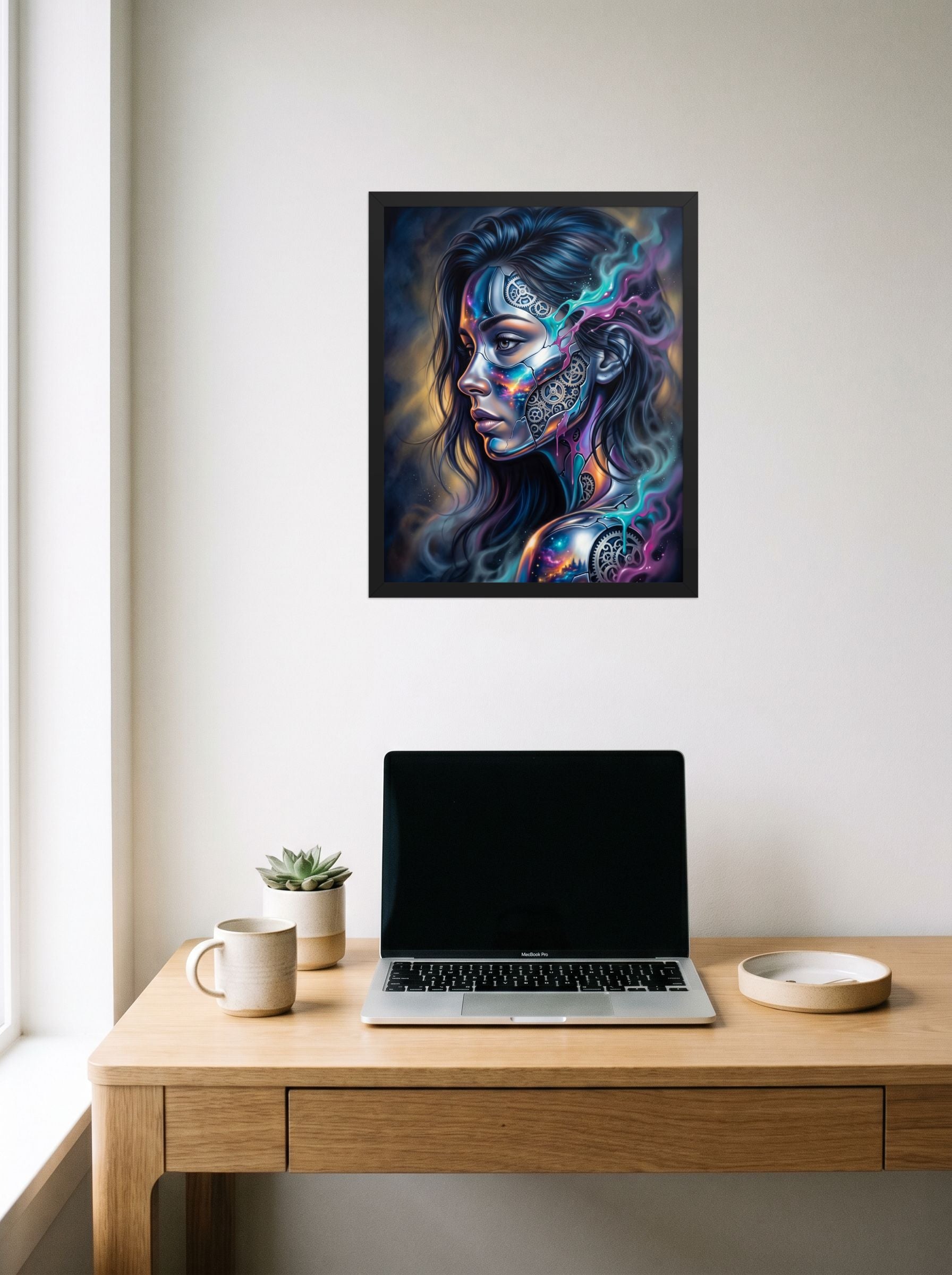 A 16x20 inch black framed Surrealism print of 'Cosmic Clockwork' hanging above a worktable with a laptop.