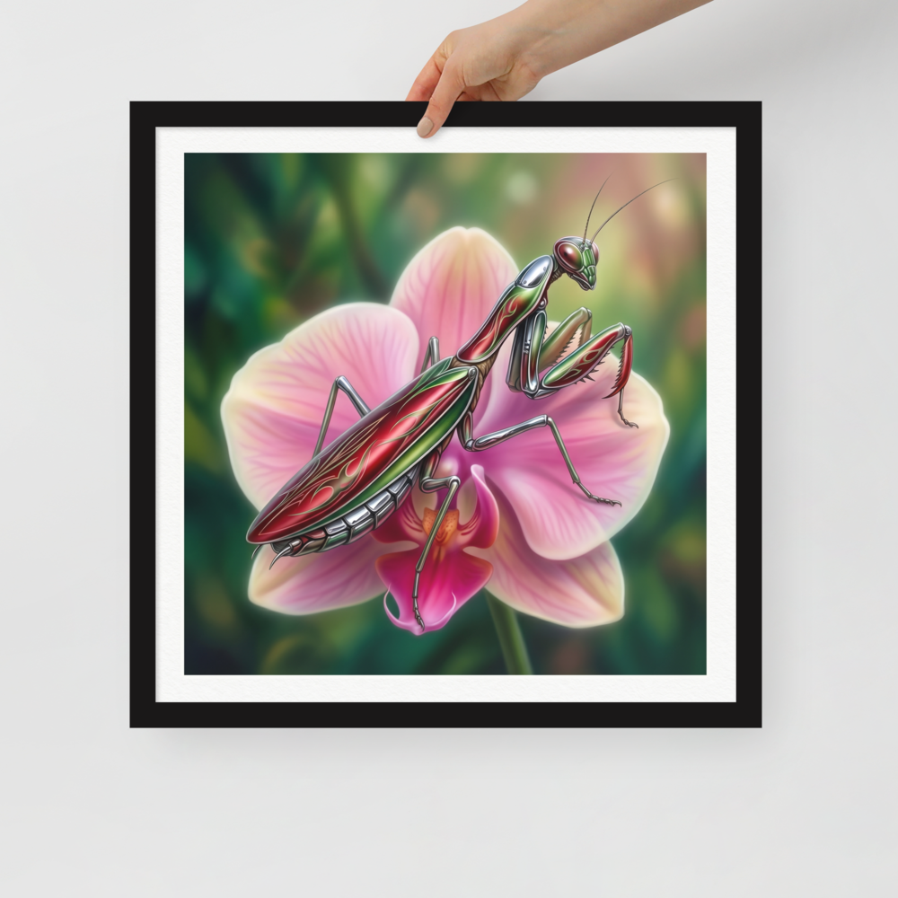 'Chrome Mantis' — a Surrealism print. A vibrant illustration of a metallic praying mantis painted like a hot rod in cherry red and chrome sitting on a pink orchid, perfect for a studio.