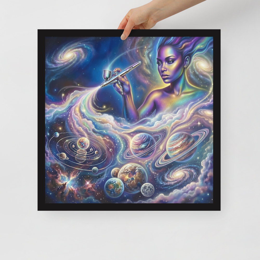 'The Cosmic Painter' — a Space art print. A glowing, ethereal woman painting planets and galaxies into a vibrant cosmic sky using an airbrush, a stunning focal point for a Bedroom.