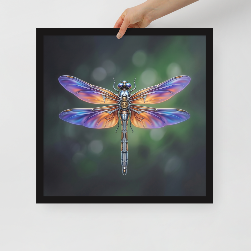 'Gears of the Dragonfly' — a Surrealism print. A highly detailed mechanical dragonfly with glowing purple and orange wings and brass gears on its back, set against a dark green background, perfect for a Living Room.