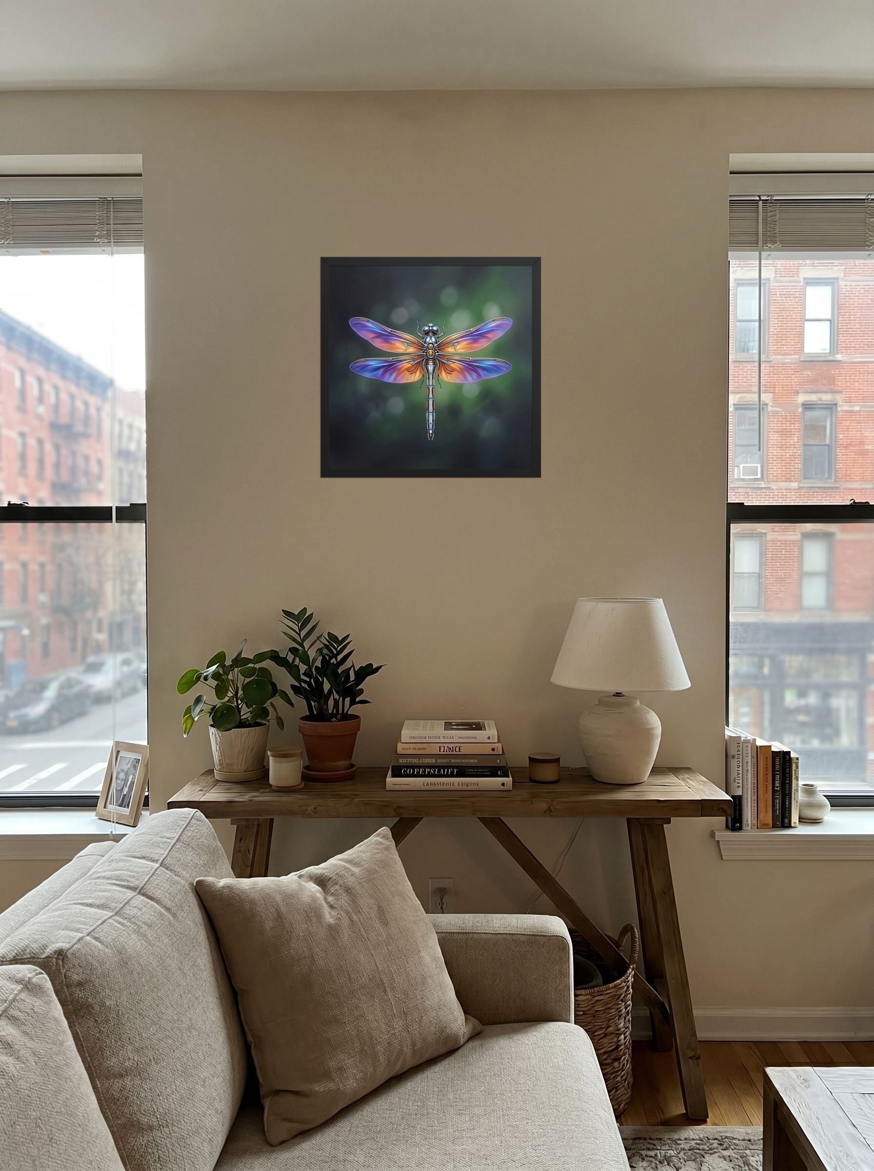 A 18x18 inch black framed Surrealism print of 'Gears of the Dragonfly' displayed in the center of a living room.