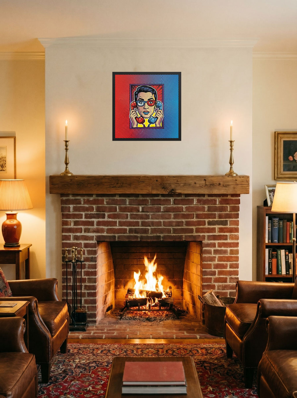 A 18x18 inch black framed Pop art print of 'Bipartisan Static' displayed above a fireplace.