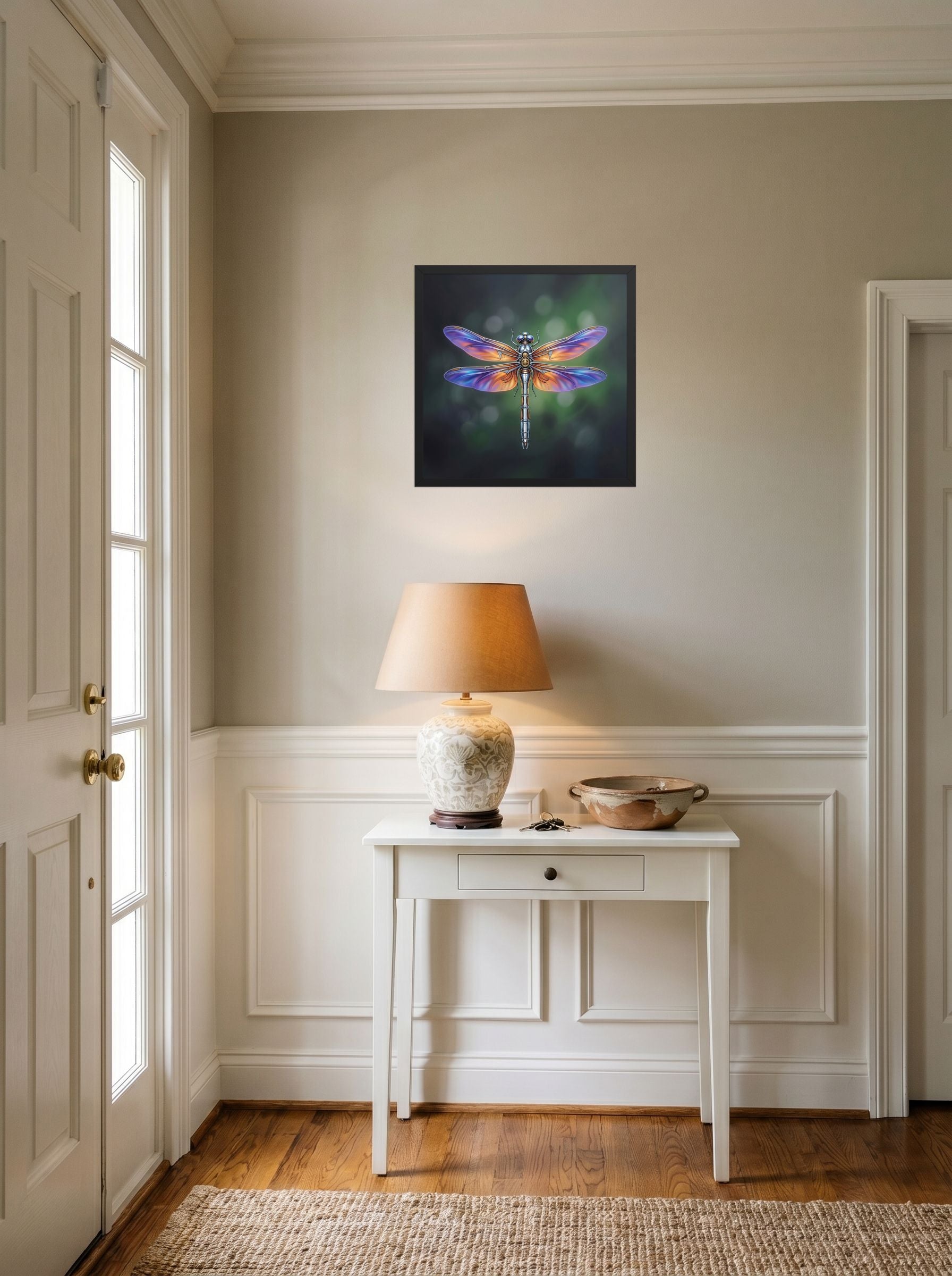 A 18x18 inch black framed Surrealism print of 'Gears of the Dragonfly' hanging in an entryway near a console.
