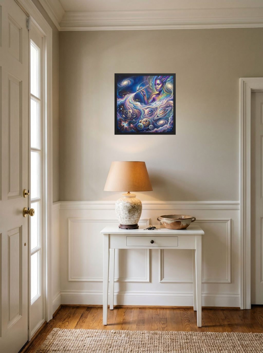 A 18x18 inch black framed Space art print of 'The Cosmic Painter' hanging in an entryway near a console.