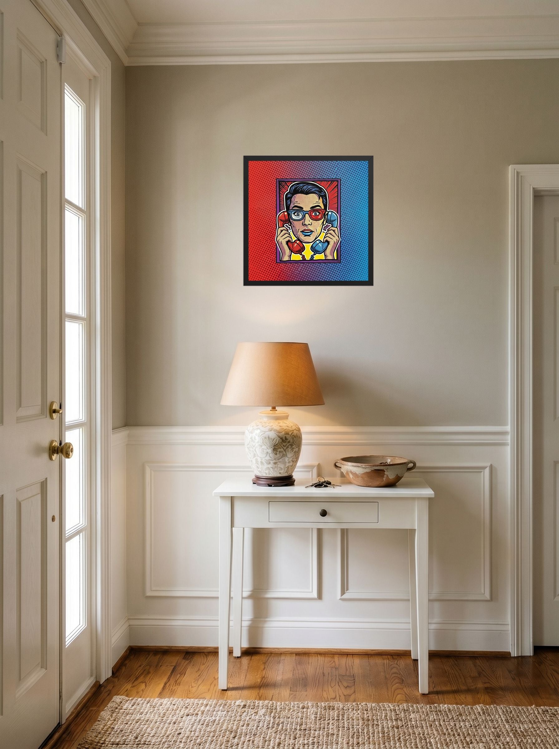 A 18x18 inch black framed Pop art print of 'Bipartisan Static' hanging in an entryway near a console.