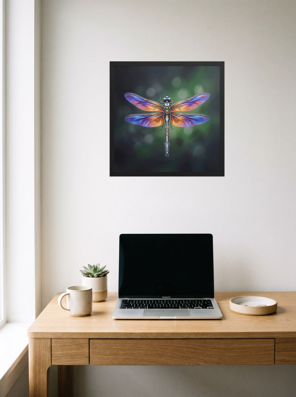 A 18x18 inch black framed Surrealism print of 'Gears of the Dragonfly' hanging above a worktable with a laptop.