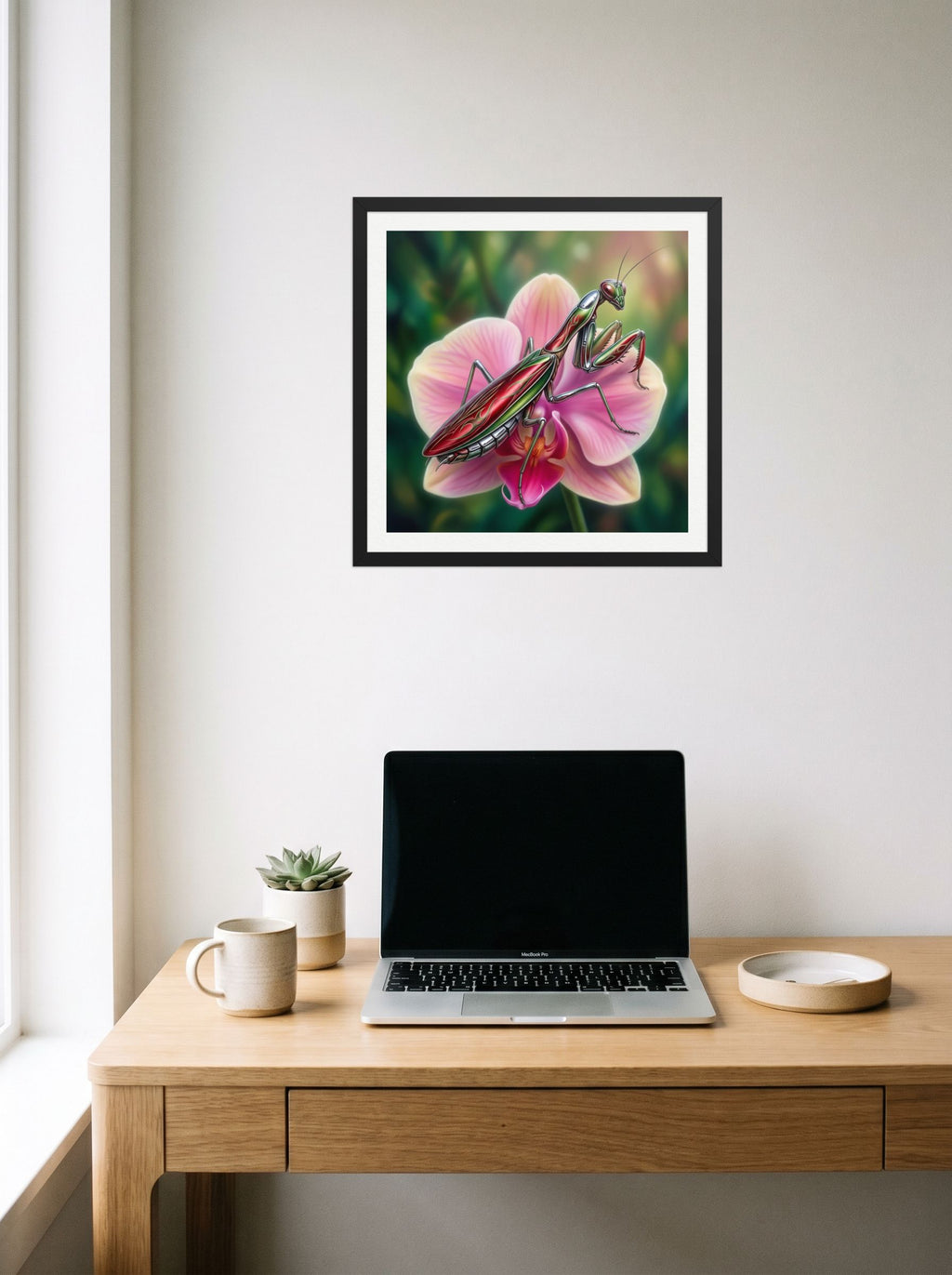 A 18x18 inch black framed Surrealism print of 'Chrome Mantis' hanging above a worktable with a laptop.