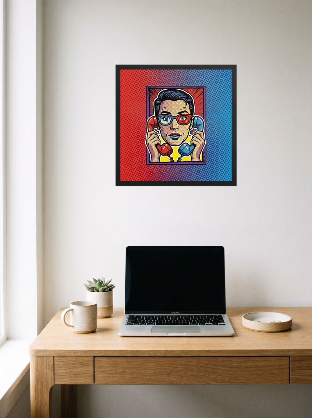 A 18x18 inch black framed Pop art print of 'Bipartisan Static' hanging above a worktable with a laptop.