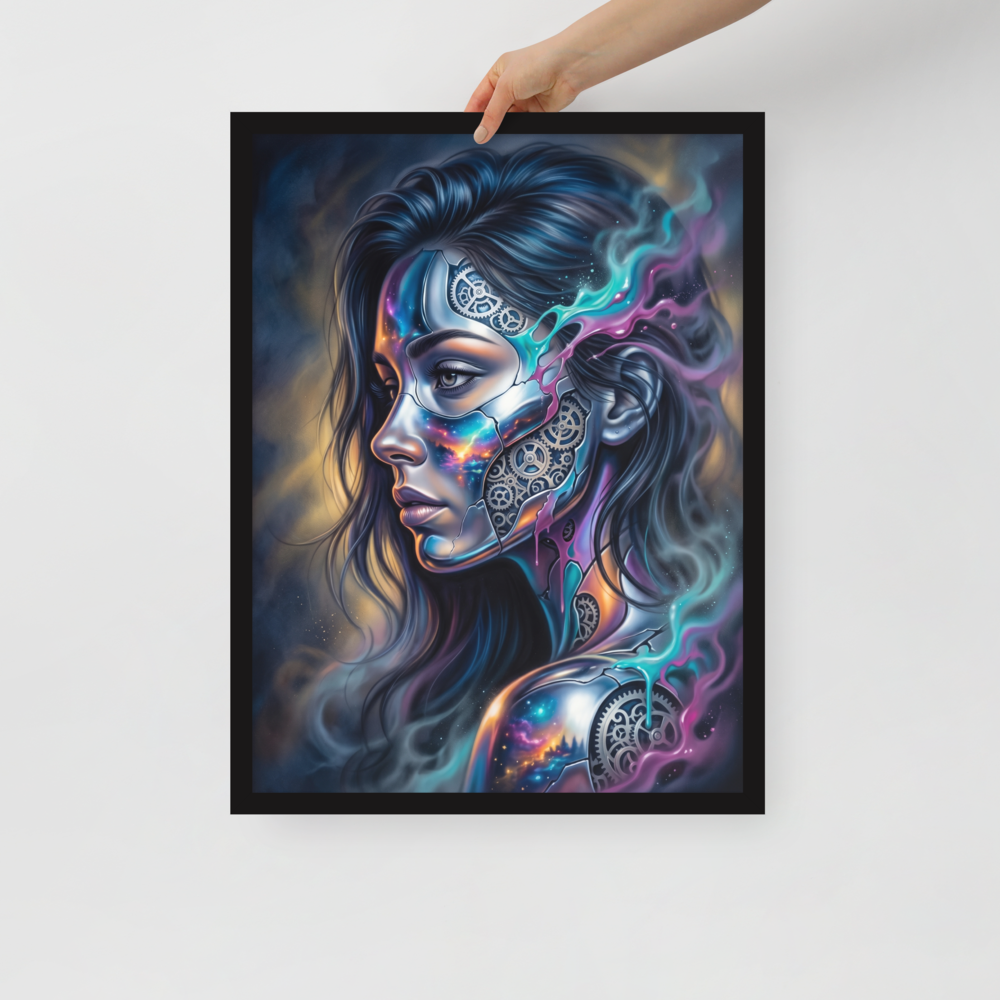 'Cosmic Clockwork' — a Surrealism print. A surreal cyberpunk portrait of a woman with gears and galaxies inside her face for a game room, framed by glowing teal and pink smoke.