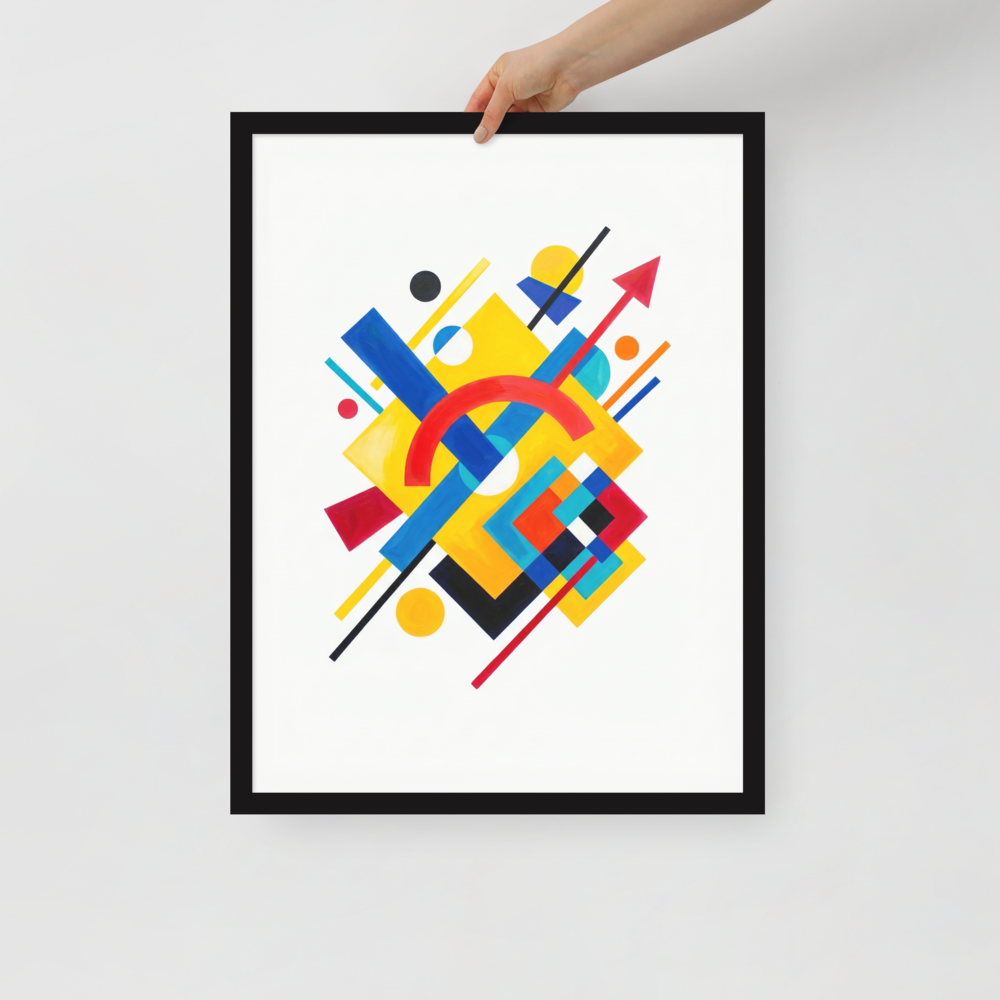 'Directional Energy' — a Suprematism print. A vivid abstract painting featuring overlapping geometric shapes like rectangles, circles, and an arrow in primary colors, a bold addition to a Living Room.