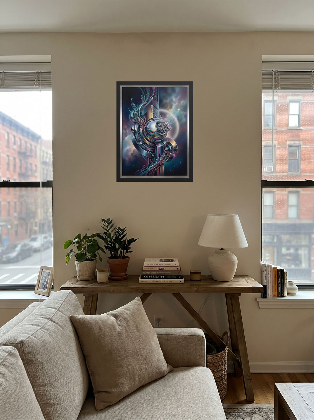 A 18x24 inch black framed Surrealism print of 'The Clockwork Aviator' displayed in the center of a living room.