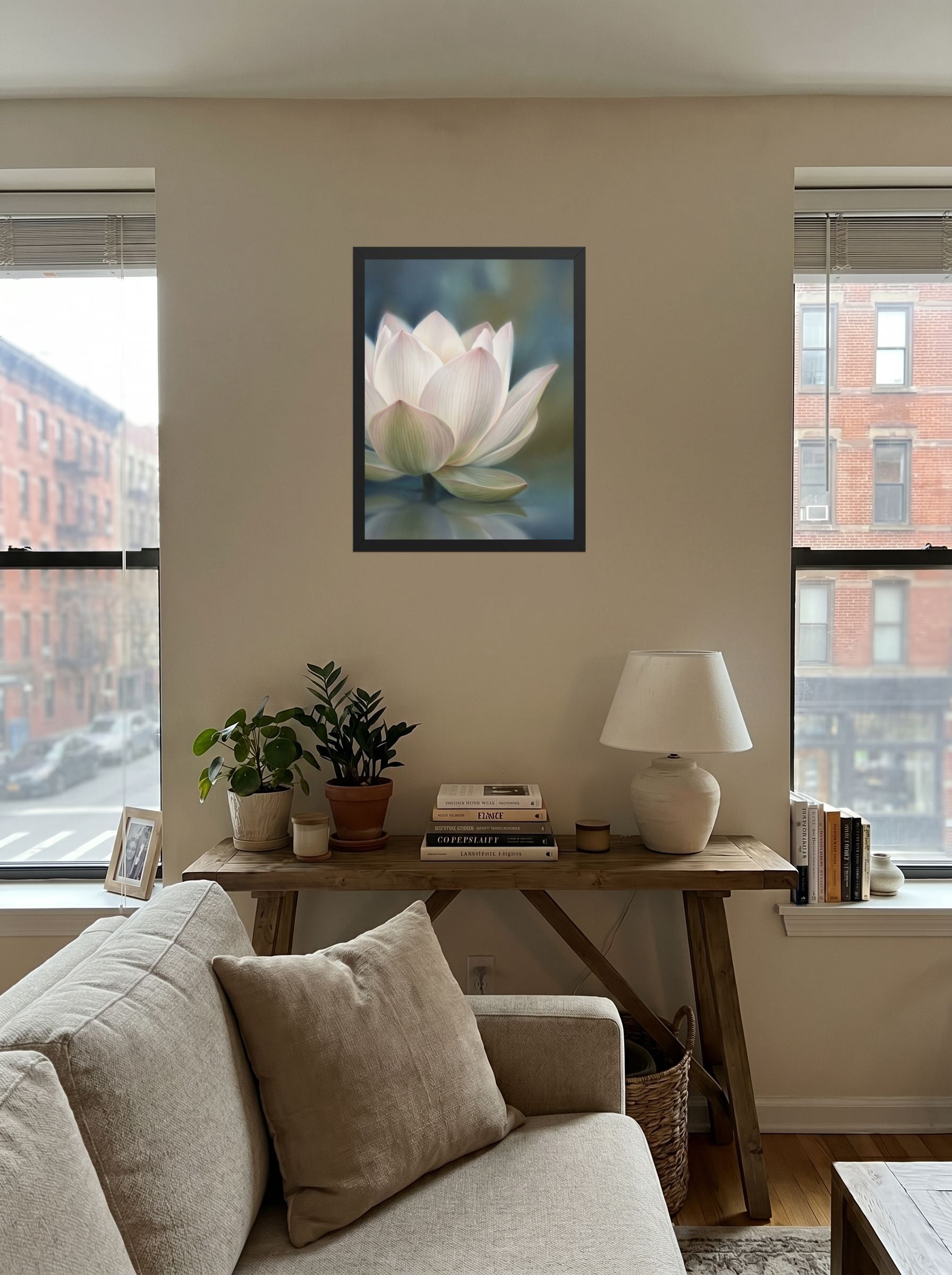 A 18x24 inch black framed Realism print of 'Serene Lotus Reflection' displayed in the center of a living room.
