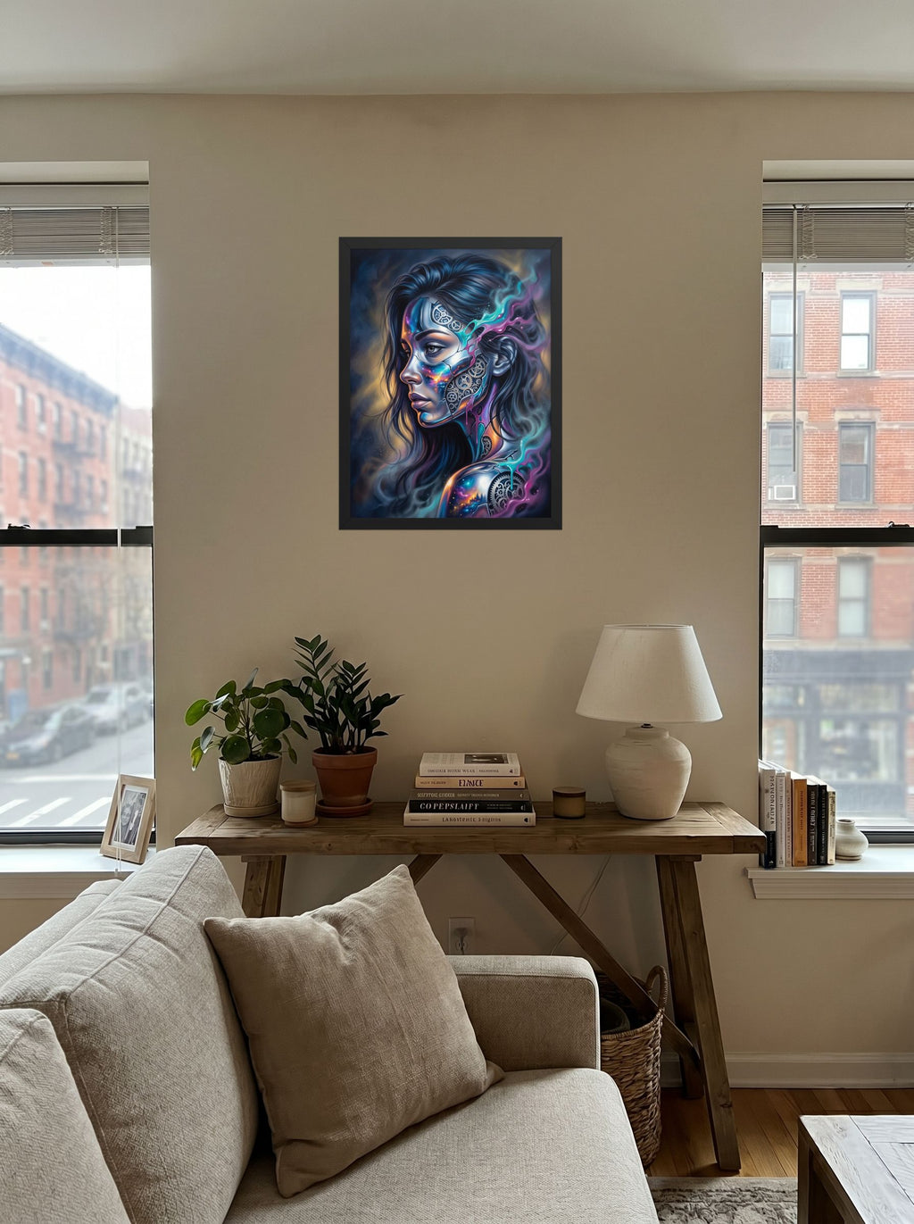 A 18x24 inch black framed Surrealism print of 'Cosmic Clockwork' displayed in the center of a living room.
