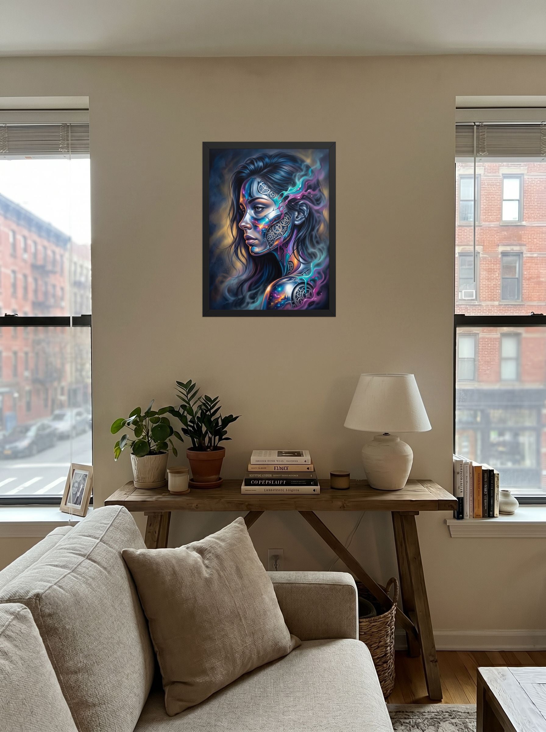 A 18x24 inch black framed Surrealism print of 'Cosmic Clockwork' displayed in the center of a living room.