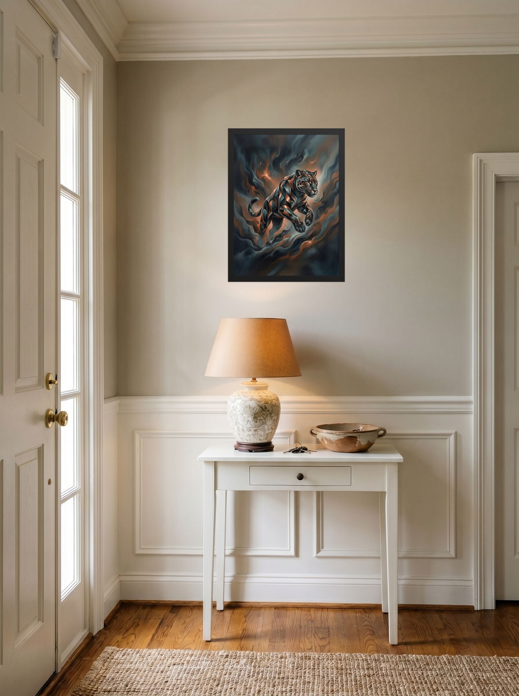 A 18x24 inch black framed Digital art print of 'Phantom Leap' hanging in an entryway near a console.